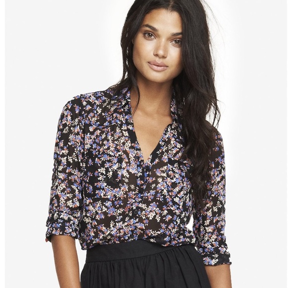 Express Tops - Express Portofino Shirt black floral large